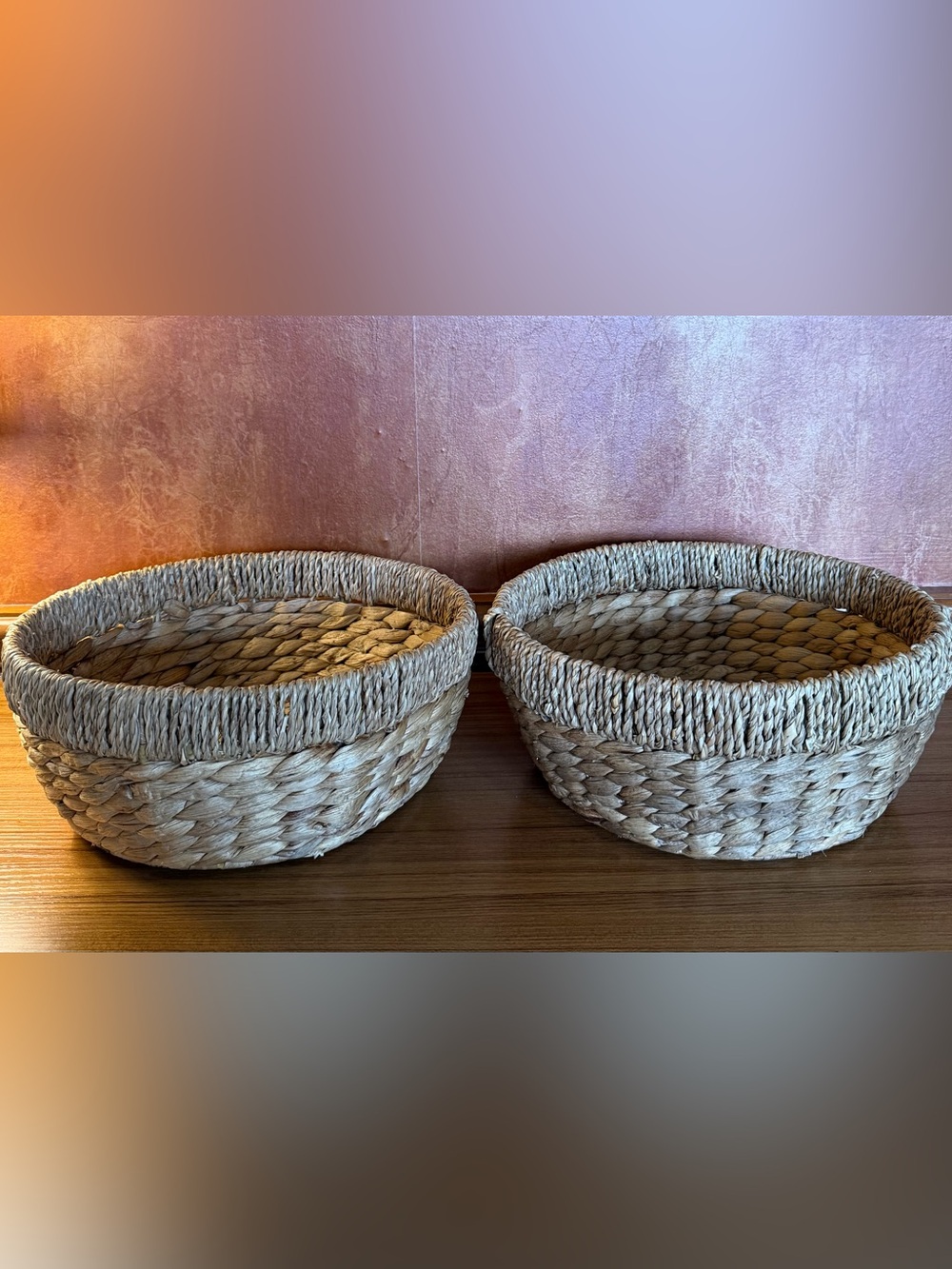 Set of 2 Boho Woven Water Hyacinth Basket Bowls 12” Round Seagrass